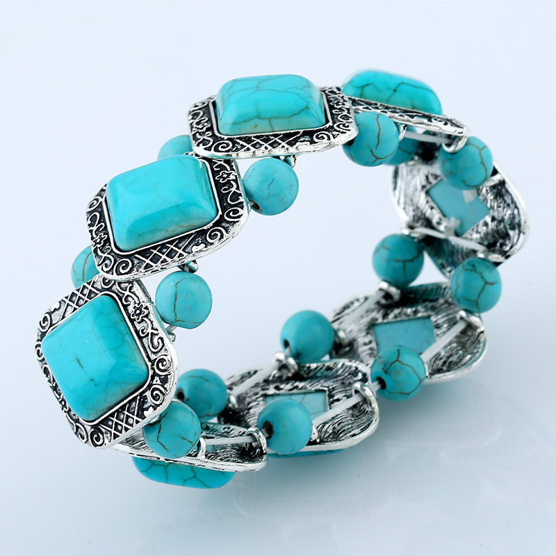 Wholesale Retro geometric pattern diamond turquoise bracelet